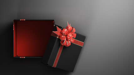 open empty black Gift Boxe whith red ribon 3d render on darck grey background