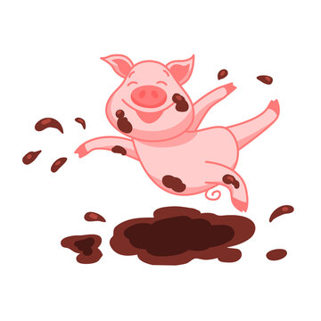 Cheerful pig jumping in a puddle. Cute childish character. Vector illustration isolated on white background.