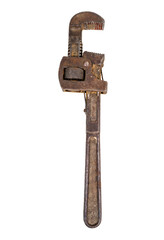 Old rusty antique wrench isolated on white
