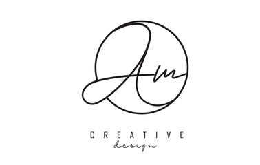 Handwritten letters AM A M logo design with simple circle vector illustration.