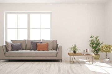 White living room with sofa. Scandinavian interior design. 3D illustration