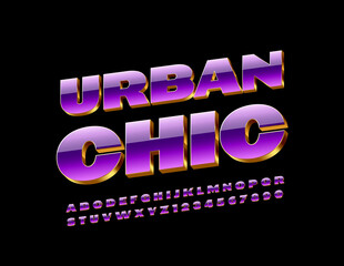 Vector modern sign Urban Chic. 3D Violet and Gold Font. Trendy Alphabet Letters and Numbers set