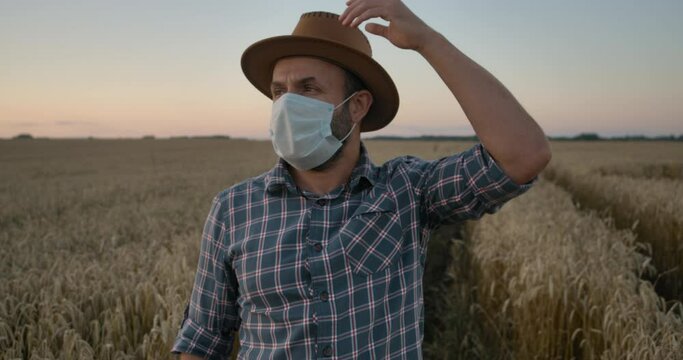 Corona Virus Face Mask Covid-19. Portrait Caucasian Farmer Man in Plaid Shirt in Hat and Looking. Farmer Man in Face Mask for Covid-19 Standing in Wheat Field. Farm Worker. Epidemic Coronavirus.