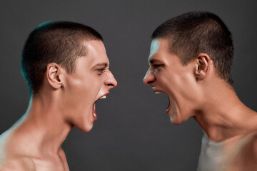 Human emotions. Close up of two young angry caucasian twin brothers arguing, shouting while...