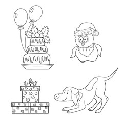 Vector graphic holiday set with different objects and animals. Funny art. Outline illustration on a white background