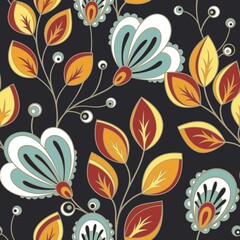 Seamless Pattern with Abstract Flowers and Leaves. Endless Texture with Floral Motifs. Nature Inspired Abstract Elements. Fabric Textile, Wrapping Paper, Wallpaper. Vector Contour Illustration