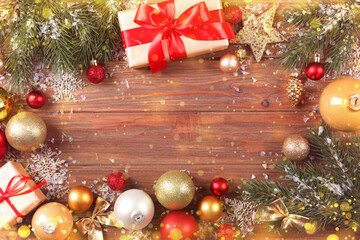 Obraz na płótnie Canvas Beautiful Christmas or New Year background with place for text on colored background top view with golden bokeh.