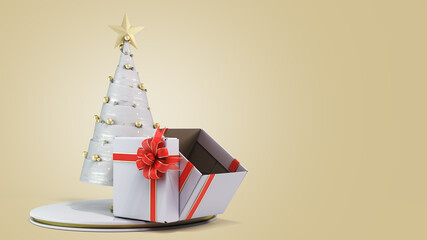 single new year decorative Christmas tree with open gift box 3d render on color gradient