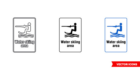 Water skiing area general notice sign icon of 3 types color, black and white, outline. Isolated vector sign symbol.