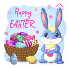 Easter bunny rabbit cartoon character with basket full of painted Easter eggs
