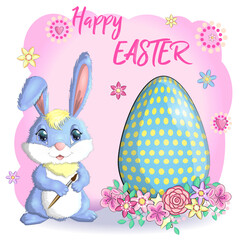 Easter bunny rabbit cartoon character with basket full of painted Easter eggs