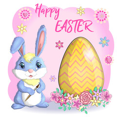 Easter bunny rabbit cartoon character with basket full of painted Easter eggs