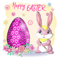 Easter bunny rabbit cartoon character with basket full of painted Easter eggs