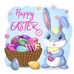 Easter bunny rabbit cartoon character with basket full of painted Easter eggs
