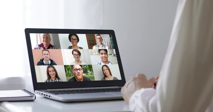 Online conference of colleagues through a laptop. Video call for training. Educational webinar chat between different people. Remote team communication together.