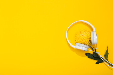 Large white headphones and lush chrysanthemum flower on yellow background with space for text. A gentle and romantic melody. Hello Spring. Flower shop. Musical accessories store. Summertime lifestyle