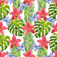 Seamless watercolor pattern with tropical flowers and leaves. Pattern with orchids, blue butterflies and green tropical leaves on a white background.