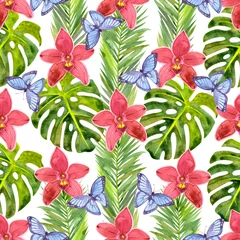 Zelfklevend Fotobehang Seamless watercolor pattern with tropical flowers and leaves. Pattern with orchids, blue butterflies and green tropical leaves on a white background. © Maria Kviten