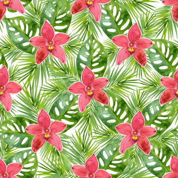 Seamless watercolor pattern with tropical flowers and leaves. For wrapping paper, packaging, textiles, wallpaper and other designs. Pattern with orchids and green tropical leaves on a white background