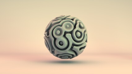 3D rendering of a metamorphosed sphere, an amorphous sphere with convolutions and flexible waves. Wrinkled surface, flexible outline, smooth shape. A futuristic, fantastic item.