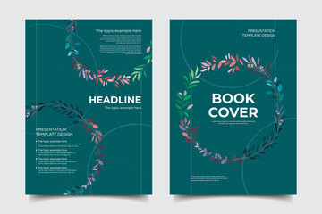 Set of abstract leaves vector modern background. Minimal trendy style organic shapes with teal background. Brochure, cover template, leaflet, magazine