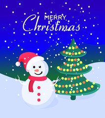 Merry Christmas and Happy New Year. Card and invitation with a snowman, a Christmas tree and colorful garlands on a blue glittering background. Vector illustration