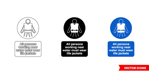 All persons working near water wear life jackets icon of 3 types color, black and white, outline. Isolated vector sign symbol.