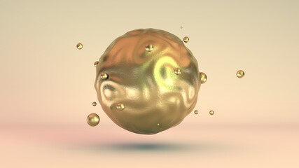3D rendering of a Golden abstract sphere with waves on the surface and many small satellite balls around the sphere. Elegant abstract idea of wealth and prosperity. Image for screensavers.
