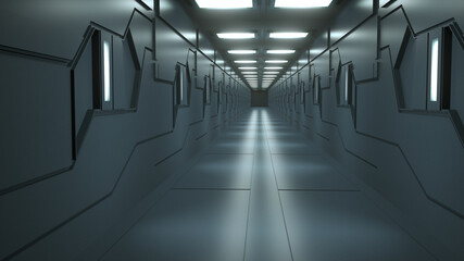 3d render. Futuristic hallway. Concept of modern architecture and interior spaceship
