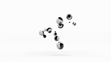 3D rendering of abstract black-and-white liquid drops randomly located in space. A symbol of interaction, inconsistency, not the merging of good and evil, the struggle of light and darkness.
