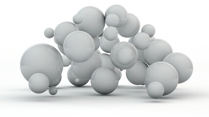 3D rendering, an abstract illustration of a white background with many randomly arranged spheres of different sizes. The geometry of the sphere, the perfect background shapes. The design of infinity.