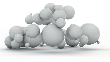 3D rendering, an abstract illustration of a white background with many randomly arranged spheres of different sizes. Disorder and harmony in space. The geometry of the ball.