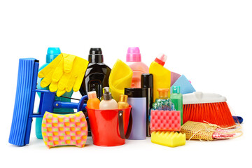 various household cleaning products isolated on a white background.