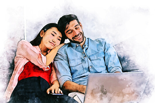 Abstract colorful young couple lover stay home on watercolor illustration painting background.