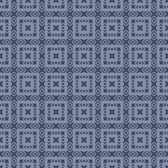 Vector geometric ornamental seamless pattern. Ethnic tribal style ornament. Abstract blue texture with squares, crosses, triangles, rhombuses. Folk style geometrical background. Repeatable design