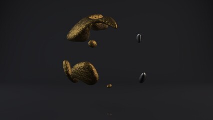 3D rendering of smooth shapes on a black background with reflections. Smooth curves of drops of bronze and gold form a futuristic sphere. 3D technologies, art of forms. Liquid metal in zero gravity.