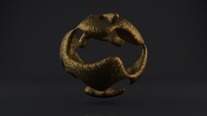 3D rendering of smooth shapes on a black background with reflections. Smooth curves of drops of bronze and gold form a futuristic sphere. 3D technologies, art of forms. Liquid metal in zero gravity.