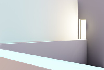 3D render illustration of abstract space with door and  staircase with podium, stand, corridor, geometric objects. 