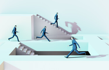 3D render illustration, Business people running on stairs towards success in abstract environment represents solving the problems, finding the right way, advisory, competition and achievement 