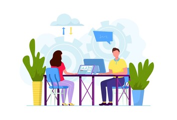 Coworking shared space office with creative business people, freelancers working on project start up sitting at table. Cloud storage and mechanism of business. Entrepreneurship partnership concept.
