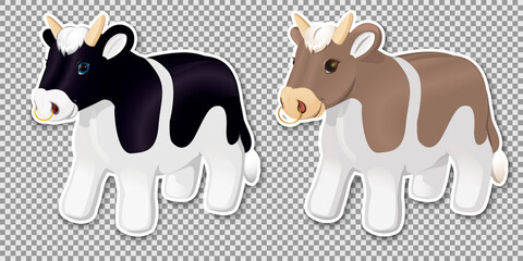 Spotted black and white alpine cows on a piece of land with a lawn, green grass. In realistic style, Isolated on white background.