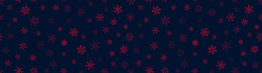 Obraz na płótnie Canvas Vector seamless pattern with small red snowflakes on black. Christmas and New Year background. Snowflake border texture. Winter holidays theme. Wide repeat design for decor, web, print, wallpapers