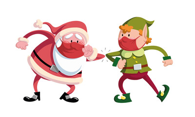 Fototapeta na wymiar vector illustration Santa Claus and elf in mask dancing and enjoying Christmas and New Year party isolated over white background