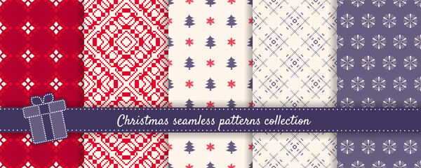 Christmas seamless patterns set. Vector collection of winter holiday background swatches. Cute simple abstract textures with snowflakes, Christmas trees, gifts, nordic ornaments. Blue, red, white 