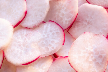 Radish slices. Flat view for backgroung image.