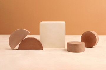 A set of geometric shape podiums and pedestals.Pastel colors.Empty space for placing objects.Mockup...