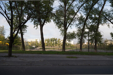 Empty football sports area with metal fence.