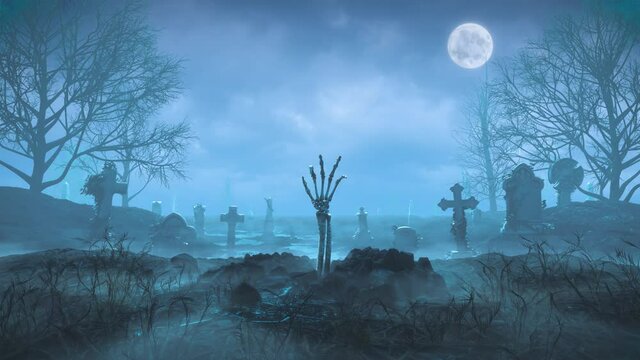 Skeleton arm crawls out of the ground at night against the background of the moon in the cemetery