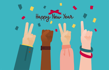 Multicultural People Raise Hand and Hold Up Fingers in 2021 Happy New Year Sign, Vector, Illustration