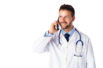 Male doctor using his phone while standing at isolated white background
